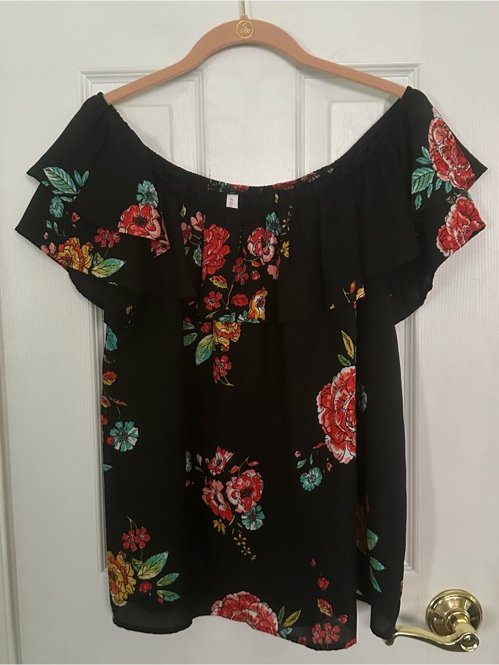 Xhilaration Black Floral Off-Shoulder Ruffle Top